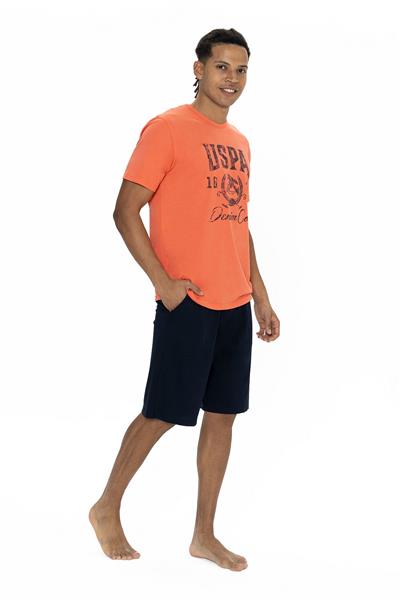 U.s Polo Assn. 18877 Erkek Kısa Kollu Bisiklet Yaka Şortlu Pijama Takımı-Mercan
