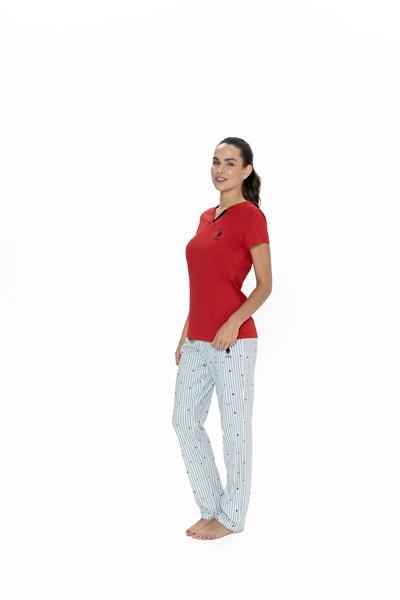 U.s Polo Assn. 20060 Kadın Kısa Kollu V Yaka Pijama Takımı-Kırmızı