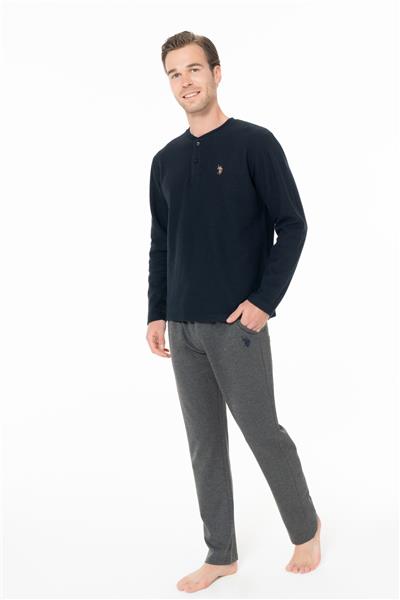 U.s Polo Assn. 18966 Erkek Uzun Kollu Yakası Üç Düğmeli Pijama Takımı-Lacivert