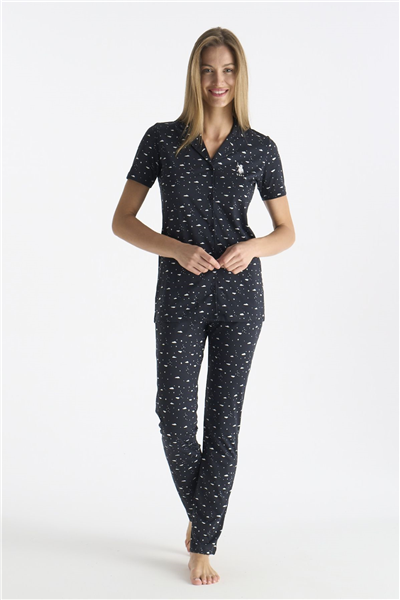 U.s Polo Assn. 20233 Kadın Kısa Kollu Önden Düğmeli Pijama Takımı-Lacivert