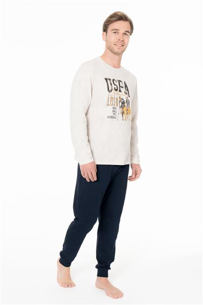 U.s Polo Assn. 18955 Erkek Uzun Kollu Bisiklet Yaka Paçası Bantlı Pijama Takımı-Bejmelanj