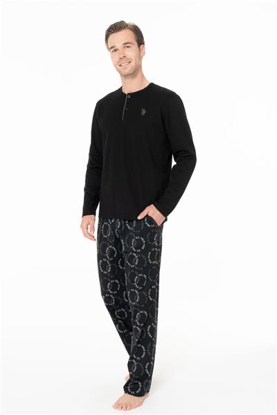 U.s Polo Assn. 18971 Erkek Uzun Kollu Yakası Üç Düğmeli Pijama Takımı-Siyah