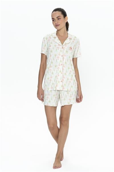 U.s Polo Assn. 20081 Kadın Kısa Kollu Şortlu Gömlek Pijama Takım-Ekru