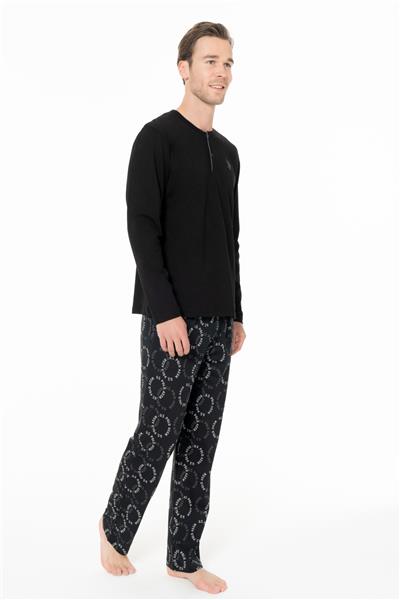 U.s Polo Assn. 18971 Erkek Uzun Kollu Yakası Üç Düğmeli Pijama Takımı-Siyah