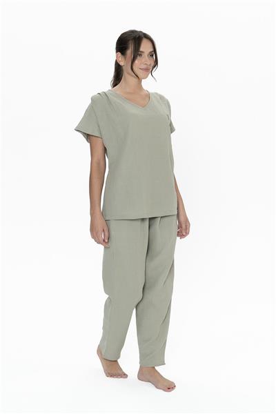 U.s Polo Assn. 20015 Kadın Muslin Kumaş Kısa Kollu V Yaka Pijama Takım-Haki