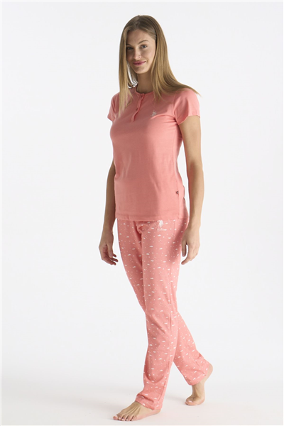 U.s Polo Assn. 20231 Kadın Kısa Kollu Yakası Düğmeli Pijama Takımı-Somon