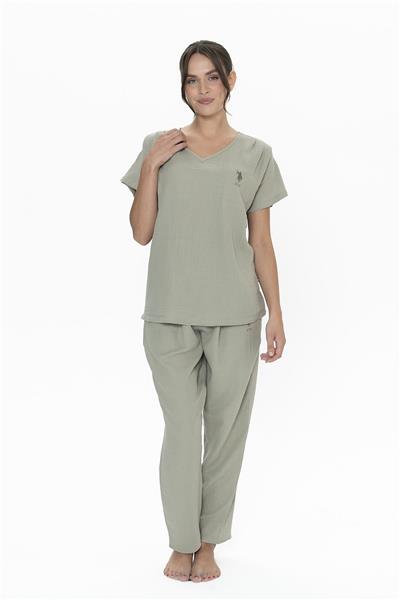 U.s Polo Assn. 20015 Kadın Muslin Kumaş Kısa Kollu V Yaka Pijama Takım-Haki