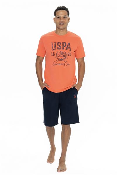 U.s Polo Assn. 18877 Erkek Kısa Kollu Bisiklet Yaka Şortlu Pijama Takımı-Mercan