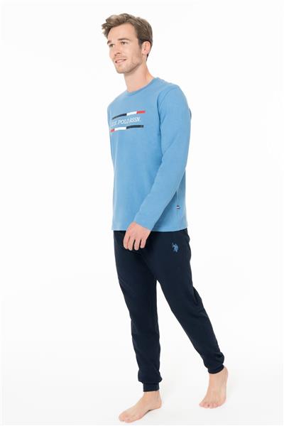 U.s Polo Assn. 18951 Erkek Uzun Kollu Bisiklet Yaka Paçası Bantlı Pijama Takımı-Mavi