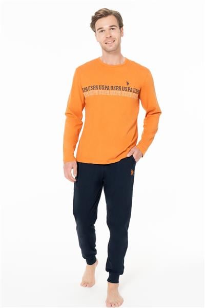 U.s Polo Assn. 18953 Erkek Uzun Kollu Bisiklet Yaka Paçası Bantlı Pijama Takımı-Turuncu