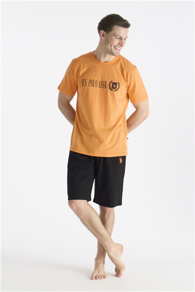 U.s Polo Assn. 19017 Erkek Kısa Kollu Bisiklet Yaka Şortlu Pijama Takımı-Turuncu