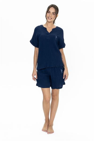U.s Polo Assn. 20017 Kadın Muslin Kumaş Kısa Kollu V Yaka Şortlu Pijama Takımı-Lacivert