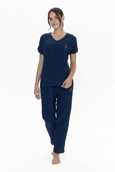 U.s Polo Assn. 20015 Kadın Muslin Kumaş Kısa Kollu V Yaka Pijama Takım-Lacivert