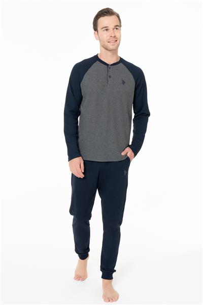 U.s Polo Assn. 18960 Erkek Uzun Kollu Yakası Üç Düğmeli Paçası Bantlı Pijama Takımı-Antrasitmelanj