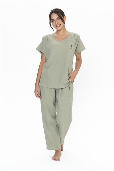 U.s Polo Assn. 20015 Kadın Muslin Kumaş Kısa Kollu V Yaka Pijama Takım-Haki