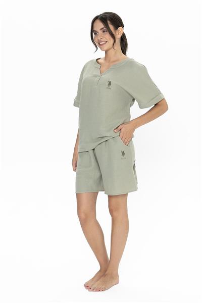 U.s Polo Assn. 20017 Kadın Muslin Kumaş Kısa Kollu V Yaka Şortlu Pijama Takımı-Haki