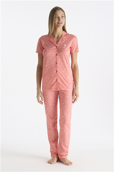 U.s Polo Assn. 20233 Kadın Kısa Kollu Önden Düğmeli Pijama Takımı-Somon