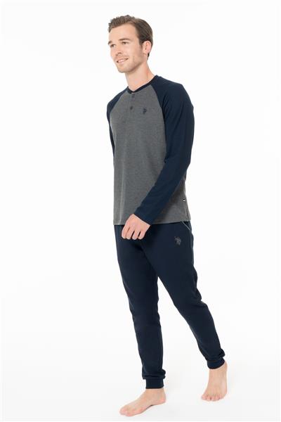 U.s Polo Assn. 18960 Erkek Uzun Kollu Yakası Üç Düğmeli Paçası Bantlı Pijama Takımı-Antrasitmelanj