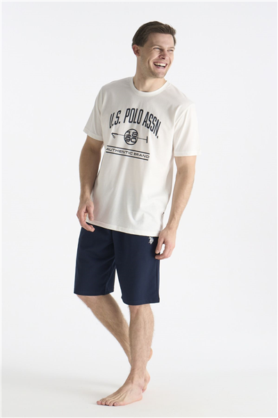 U.s Polo Assn. 19018 Erkek Kısa Kollu Bisiklet Yaka Şortlu Pijama Takımı-Ekru