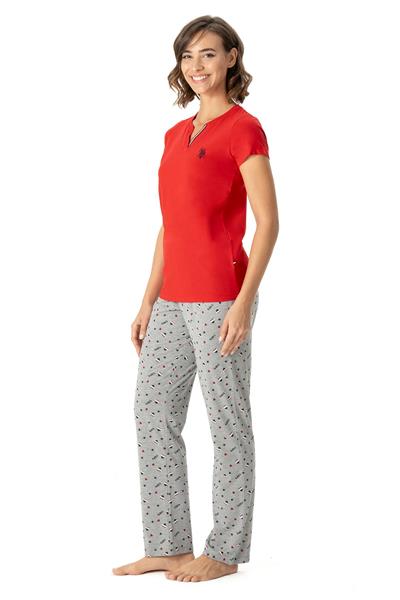 U.s Polo Assn. 17004 Kadın Kısa Kollu V Yaka Pijama Takımı-Kırmızı