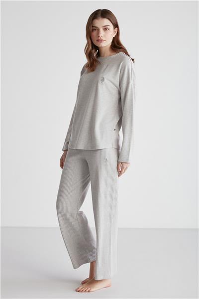 U.s Polo Assn. 16954 Kadın Gri Melanj Yuvarlak Yaka Uzun Kollu Pijama Takımı -Grimelanj