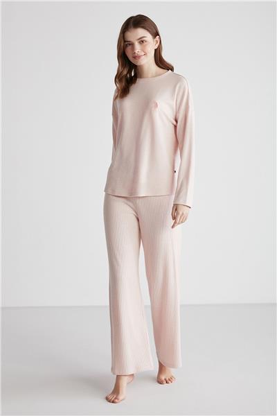U.s Polo Assn. 16954 Kadın Pembe Melanj Yuvarlak Yaka Uzun Kollu Pijama Takımı -Pembemelanj