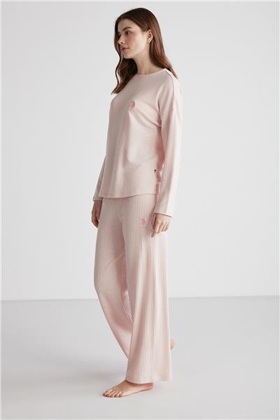 U.s Polo Assn. 16954 Kadın Pembe Melanj Yuvarlak Yaka Uzun Kollu Pijama Takımı -Pembemelanj