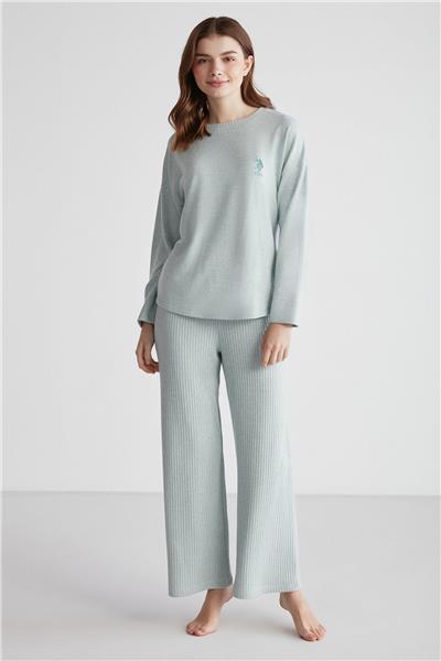 U.s Polo Assn. 16954 Kadın Yeşil Melanj Yuvarlak Yaka Uzun Kollu Pijama Takımı -Yeşilmelanj