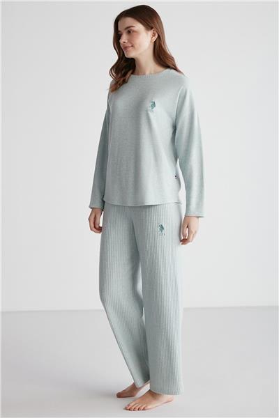 U.s Polo Assn. 16954 Kadın Yeşil Melanj Yuvarlak Yaka Uzun Kollu Pijama Takımı -Yeşilmelanj