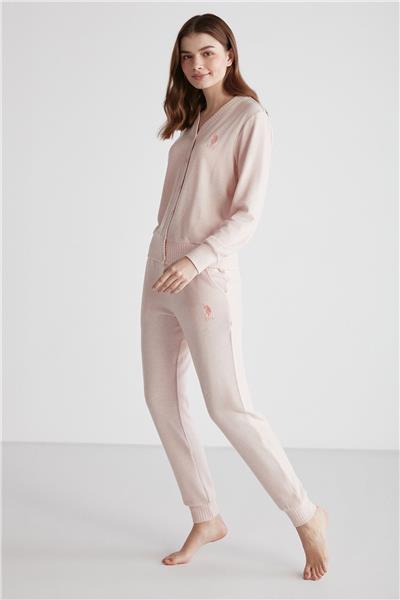 U.s Polo Assn. 16956 Kadın Pembe Melanj Patlı Uzun Kollu Pijama Takımı -Pembemelanj