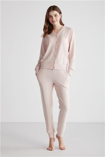 U.s Polo Assn. 16956 Kadın Pembe Melanj Patlı Uzun Kollu Pijama Takımı -Pembemelanj