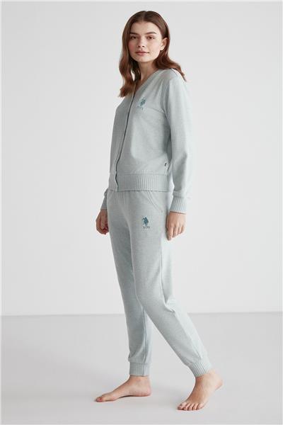 U.s Polo Assn. 16956 Kadın Yeşil Melanj Patlı Uzun Kollu Pijama Takımı -Yeşilmelanj