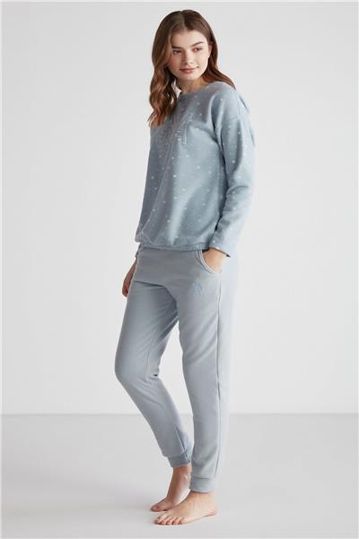 U.s Polo Assn. 16960 Kadın Mavi Yuvarlak Yaka Uzun Kollu Pijama Takımı -Mavi