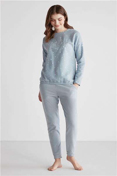 U.s Polo Assn. 16960 Kadın Mavi Yuvarlak Yaka Uzun Kollu Pijama Takımı -Mavi