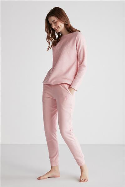 U.s Polo Assn. 16960 Kadın Pembe Yuvarlak Yaka Uzun Kollu Pijama Takımı -Pembe