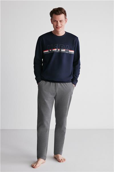 U.s Polo Assn. 18710 Erkek Lacivert Yuvarlak Yaka Uzun Kollu Pijama Takımı -Lacivert