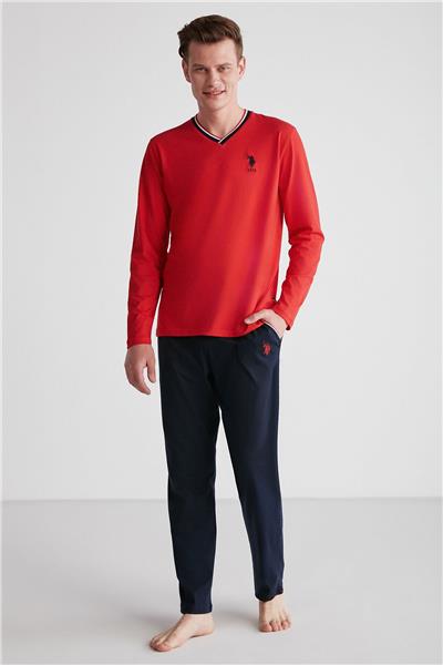 U.s Polo Assn. 18752 Erkek Kırmızı V Yaka Uzun Kollu Pijama Takımı -Kırmızı