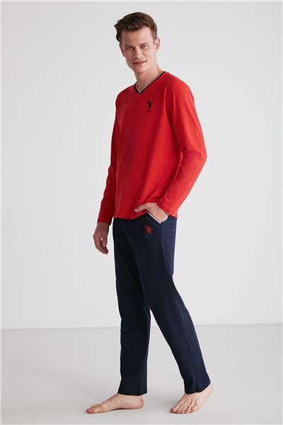 U.s Polo Assn. 18752 Erkek Kırmızı V Yaka Uzun Kollu Pijama Takımı -Kırmızı
