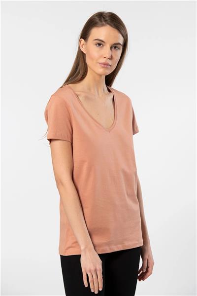 WTSHIRT MİLANO Kadın Kısa Kollu V Yaka Basic T-shirt-Somon