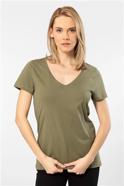 WTSHIRT MİLANO Kadın Kısa Kollu V Yaka Basic T-shirt-Haki