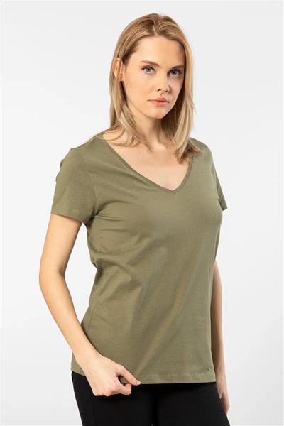 WTSHIRT MİLANO Kadın Kısa Kollu V Yaka Basic T-shirt-Haki