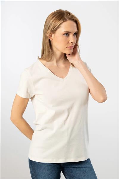WTSHIRT VENİCE Kadın Kısa Kollu V Yaka Basic T-shirt-Bej