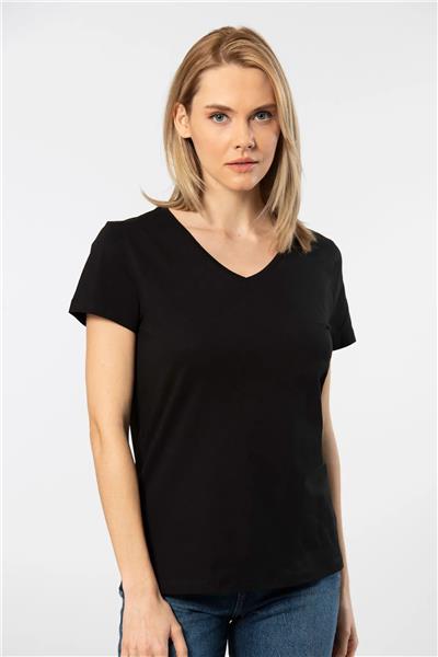 WTSHIRT VENİCE Kadın Kısa Kollu V Yaka Basic T-shirt-Siyah