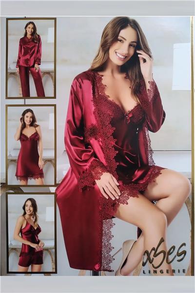 XSES 1002 Kadın Çeyizlik Saten 6lı Takım-Bordo