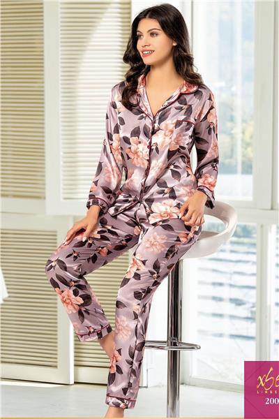 XSES 2000 Kadın Uzun Kollu Saten Empirme Pijama Takımı-Vizon