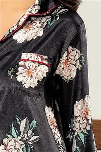 XSES 2000 Kadın Uzun Kollu Saten Empirme Pijama Takımı-Sıyah