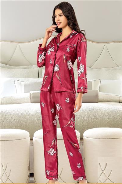 XSES 2000 Kadın Uzun Kollu Saten Empirme Pijama Takımı-Bordo