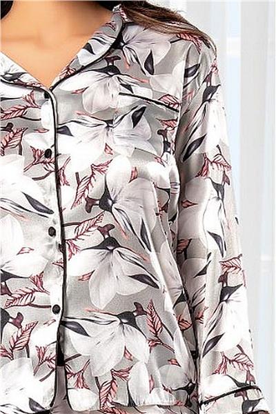 XSES 2000 Kadın Uzun Kollu Saten Empirme Pijama Takımı-Gri