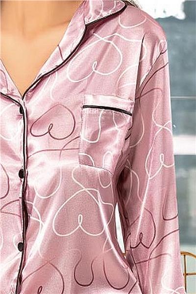 XSES 2000 Kadın Uzun Kollu Saten Empirme Pijama Takımı-Gülkurusu