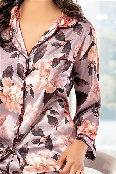 XSES 2000 Kadın Uzun Kollu Saten Empirme Pijama Takımı-Vizon